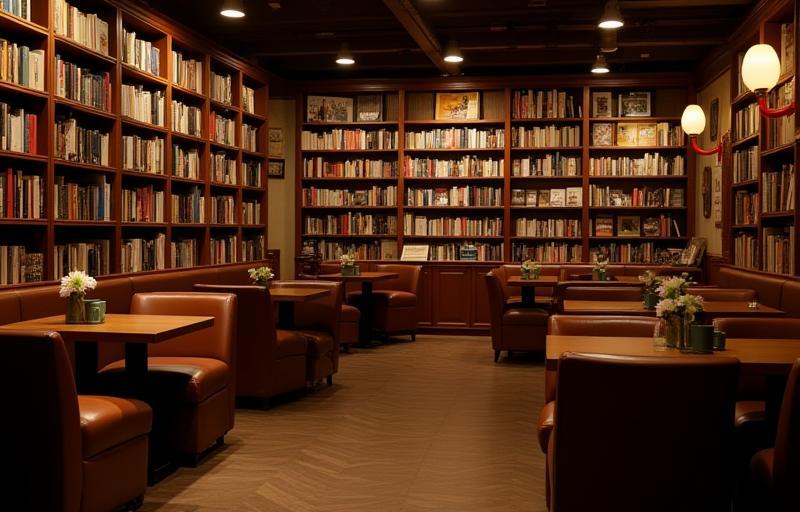 Warm and inviting interior view of the Sakura Books store, showing wooden bookshelves, comfortable reading chairs, and soft lighting.