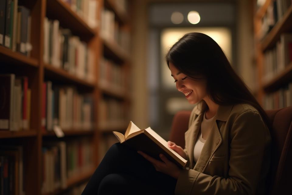 Person happily reading a book surrounded by books and soft lighting in a cozy bookstore