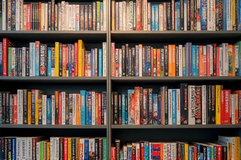 Shelves filled with colorful spines of various popular and niche manga volumes