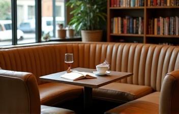 Cozy cafe corner inside Sakura Books with comfortable seating and bookshelves nearby