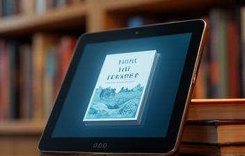 Digital tablet displaying the cover of an e-book with a blurred book background
