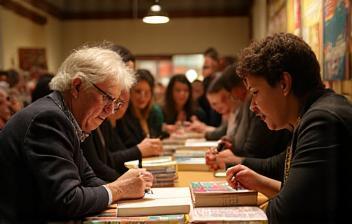 An author interacting with attendees and signing books at an event table